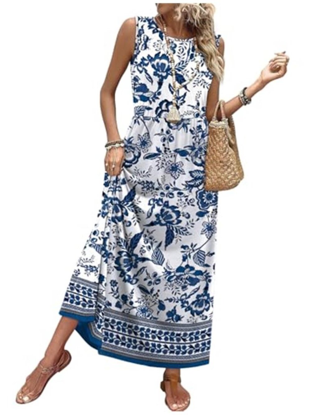 WIHOLL Blue White Floral Maxi Dress Sleeveless A-Line Sundress Pockets